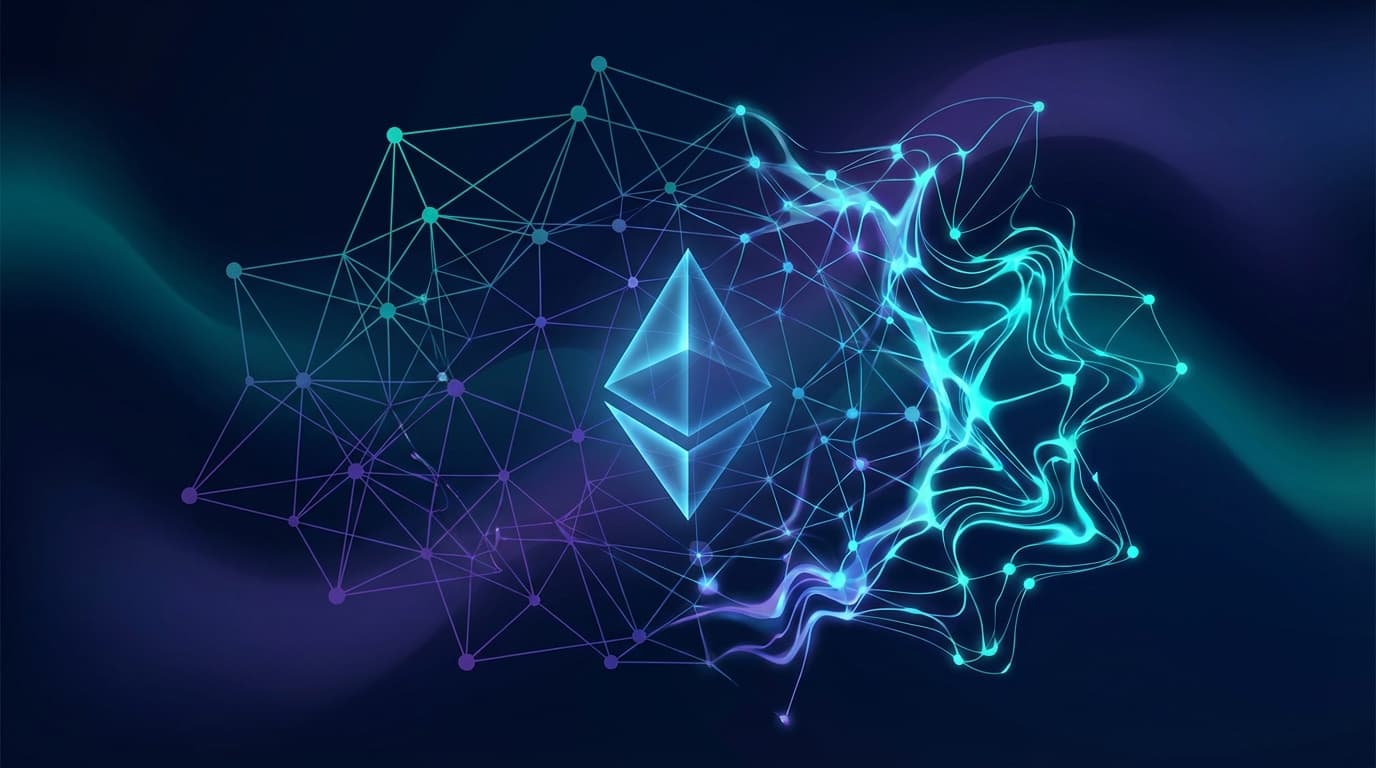 Abstract visualization of Ethereum network upgrade with interconnected nodes and data streams