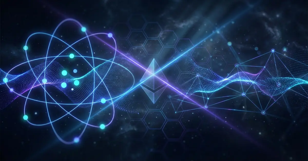 Abstract visualization of quantum computing and blockchain security with Ethereum logo elements