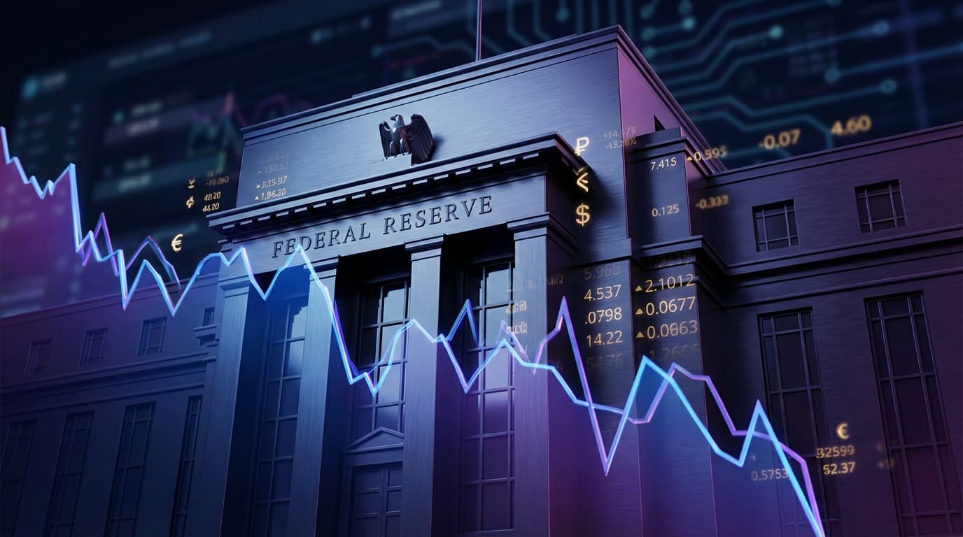 Federal Reserve building with cryptocurrency market charts showing decline after rate decision