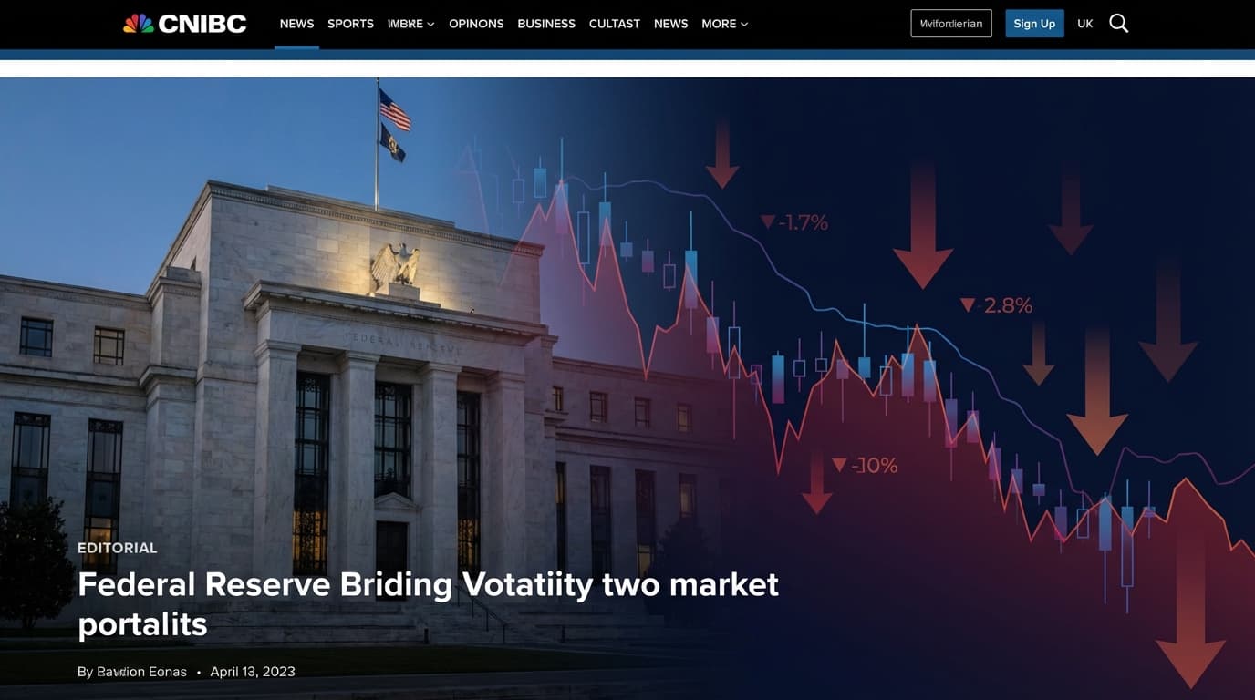 Federal Reserve building with Bitcoin price chart showing decline