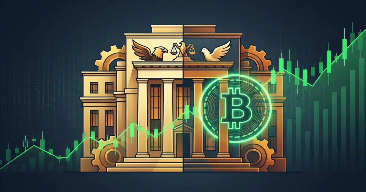 Abstract financial visualization showing Federal Reserve building with divided voting indicators and Bitcoin chart