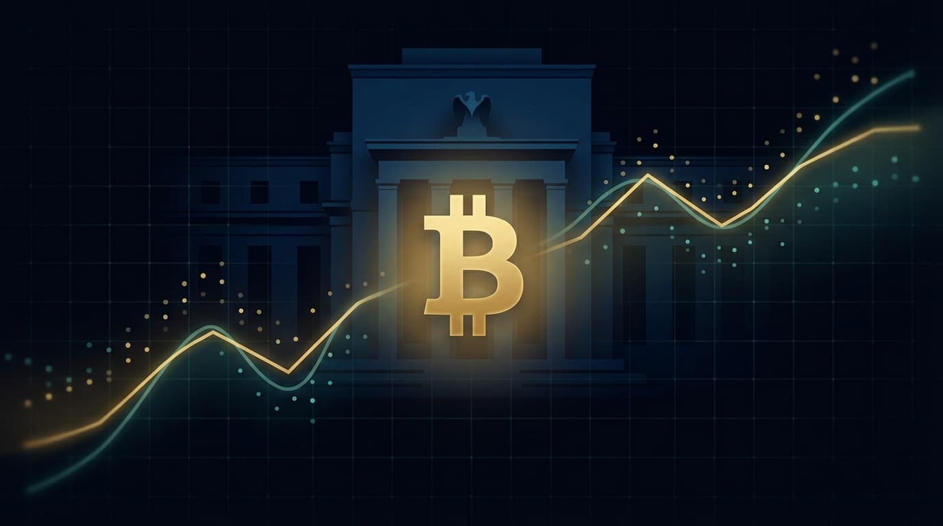 Federal Reserve building with Bitcoin and financial chart overlay representing the March 2026 FOMC meeting impact on crypto markets