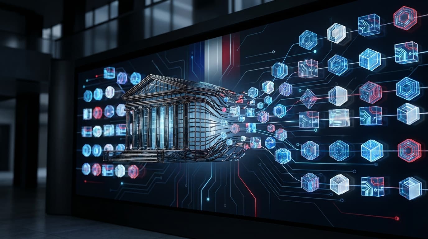 Abstract visualization of blockchain-based stock exchange with French flag colors and digital securities tokens