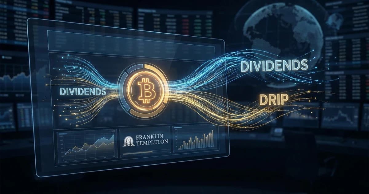 Institutional ETF dashboard showing equity dividend streams flowing into a Bitcoin allocation on a dark financial news background