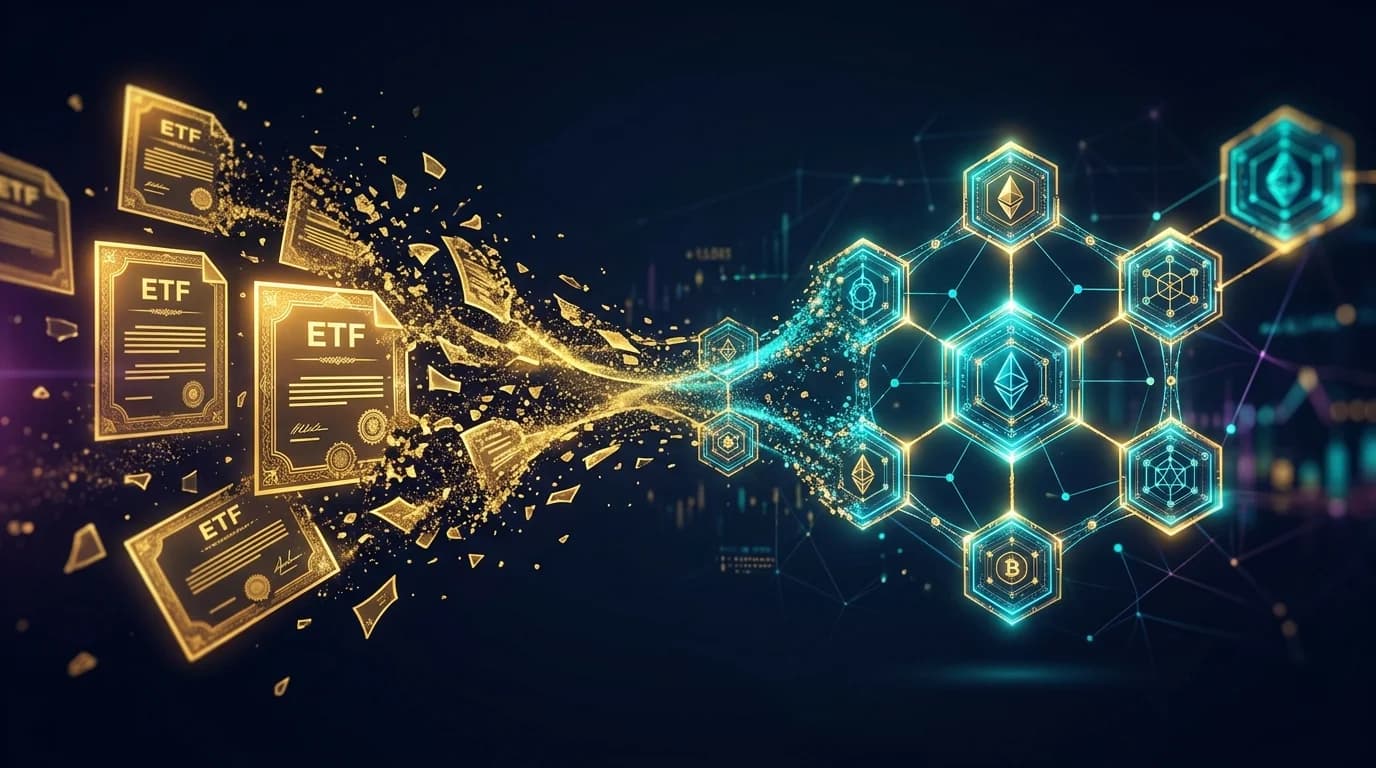 Abstract representation of traditional ETFs merging with blockchain tokenization