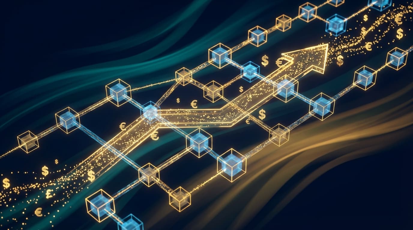 Digital visualization of financial distribution with dollar signs and blockchain elements