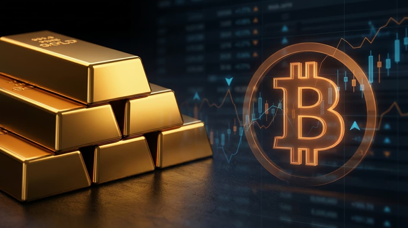 Gold bars next to Bitcoin symbol showing market comparison