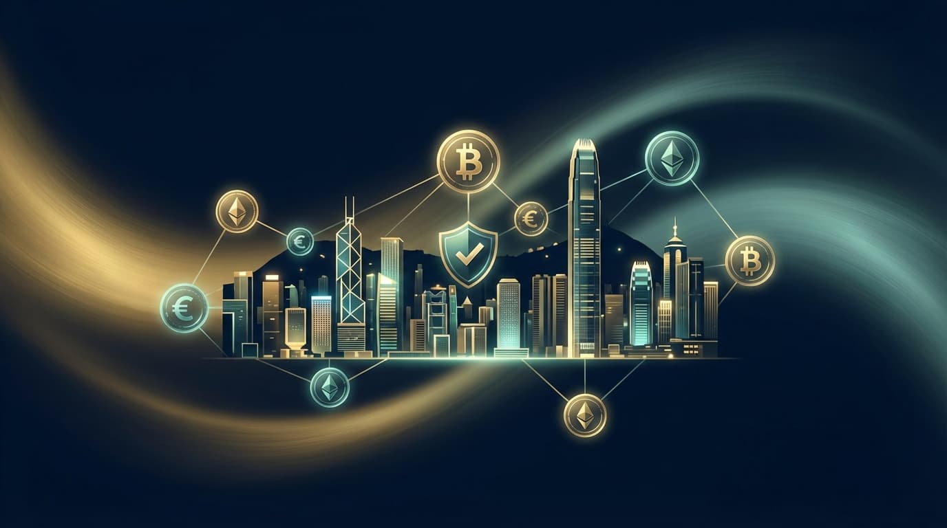 Abstract visualization of Hong Kong skyline with digital currency and banking regulation symbols