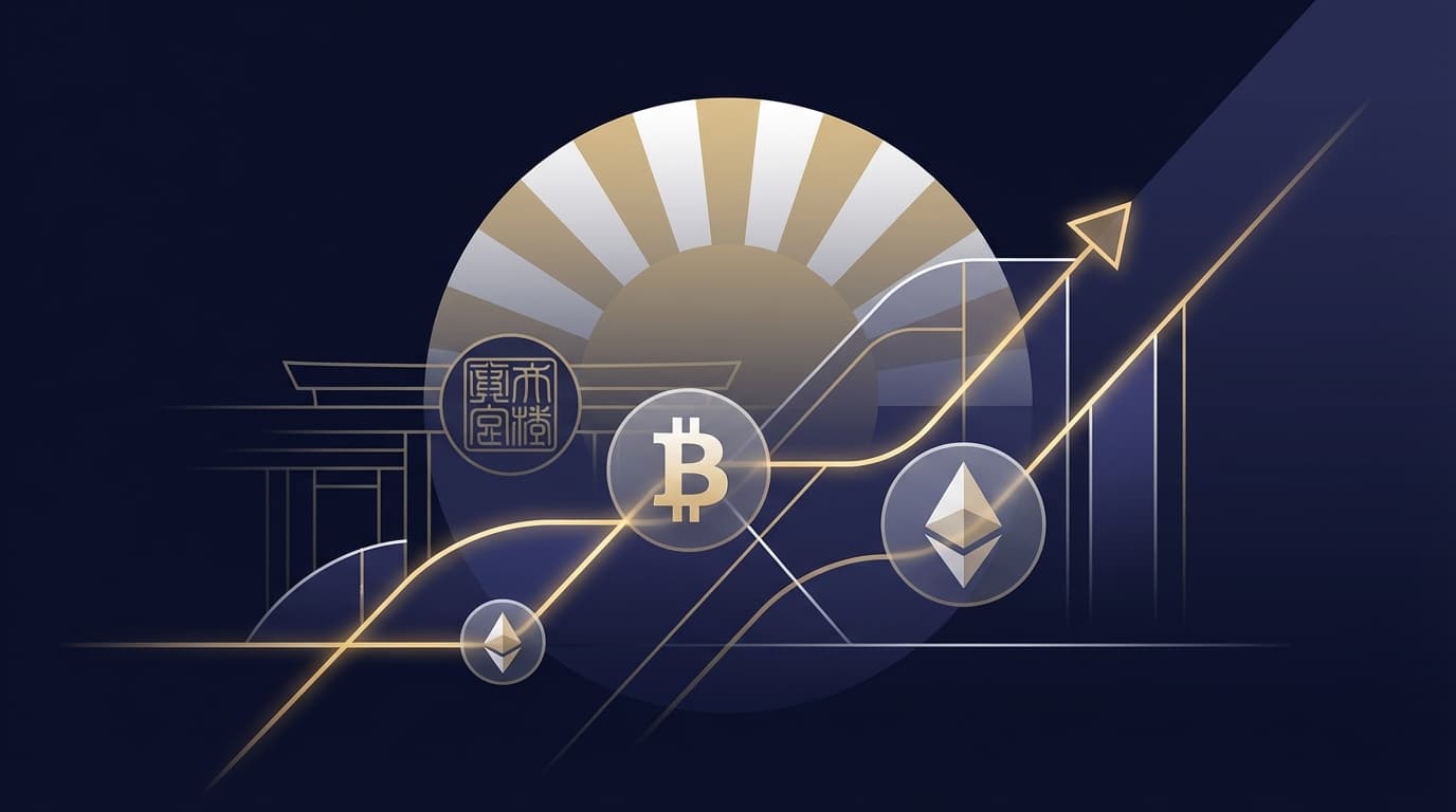 Abstract visualization of Japanese regulatory framework integrating cryptocurrency with traditional financial instruments