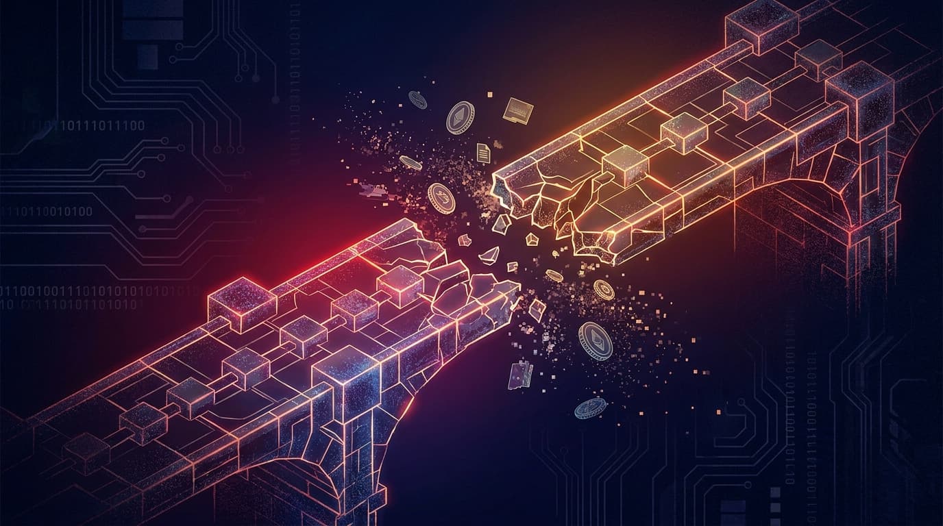 Abstract visualization of a DeFi security breach with broken chain links and digital assets flowing through a cracked bridge