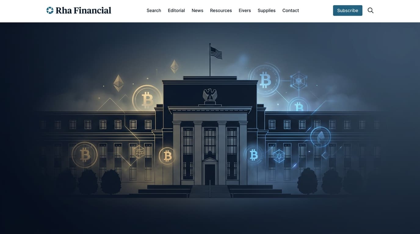 Federal Reserve building with cryptocurrency symbols representing Kevin Warsh confirmation hearing