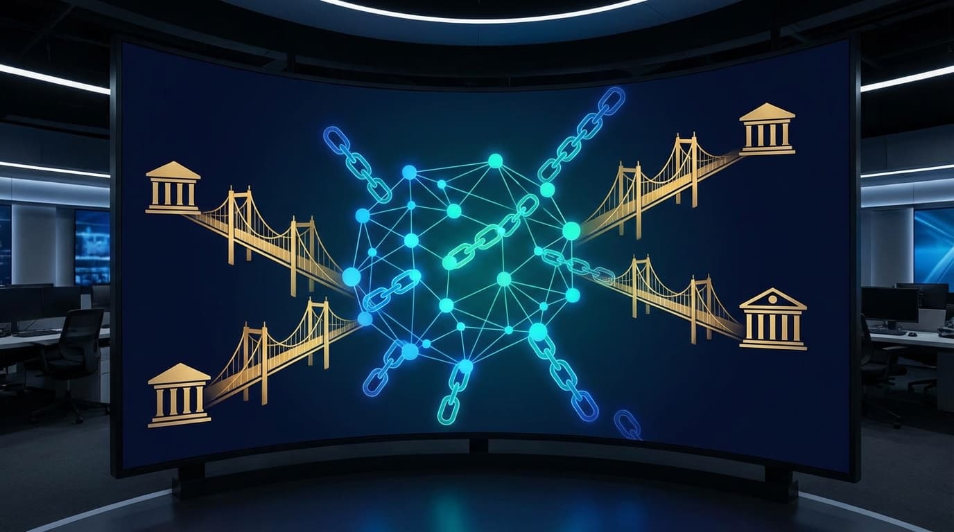 LayerZero protocol visualization showing cross-chain connections between blockchain networks and traditional finance