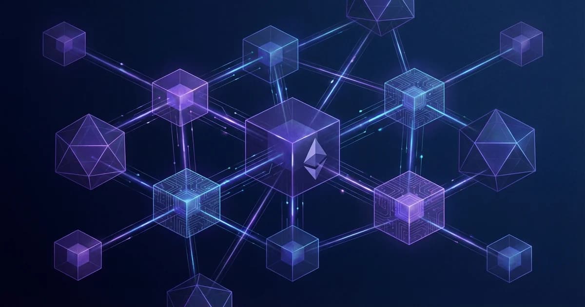 Abstract Ethereum network blueprint with layered protocol blocks and glowing cryptographic circuits