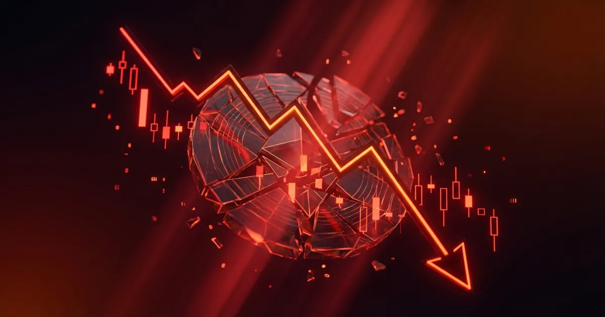 Abstract visualization of MANTRA OM token price crash after token split event