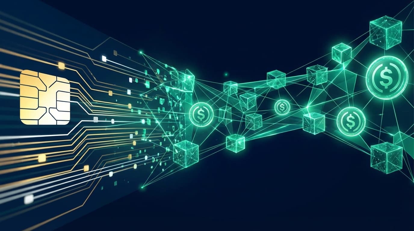 Abstract visualization of traditional payment rails merging with blockchain networks, representing Mastercard BVNK acquisition