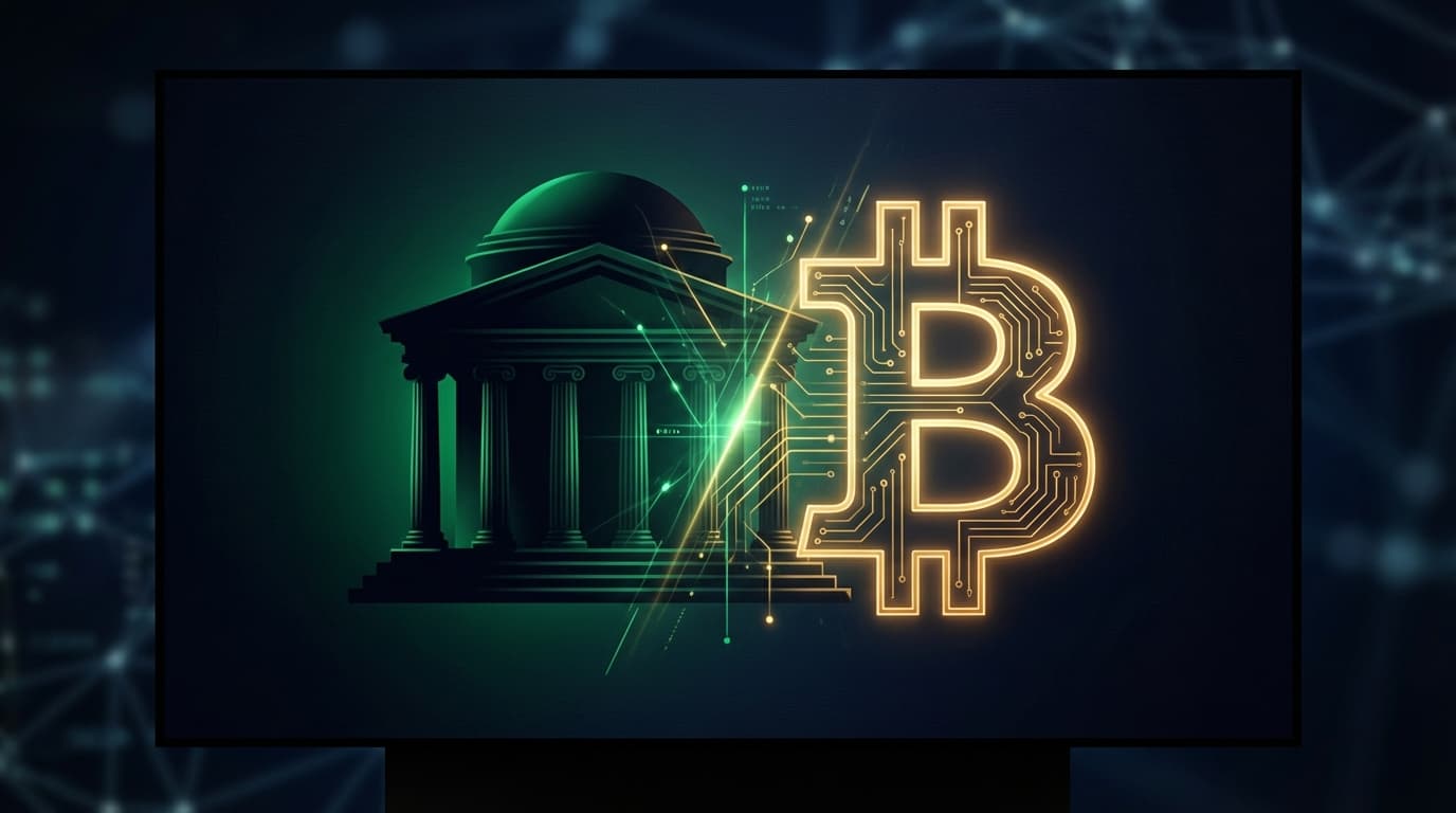 Abstract visualization of institutional finance entering Bitcoin markets with bank building silhouette and Bitcoin symbol on dark background