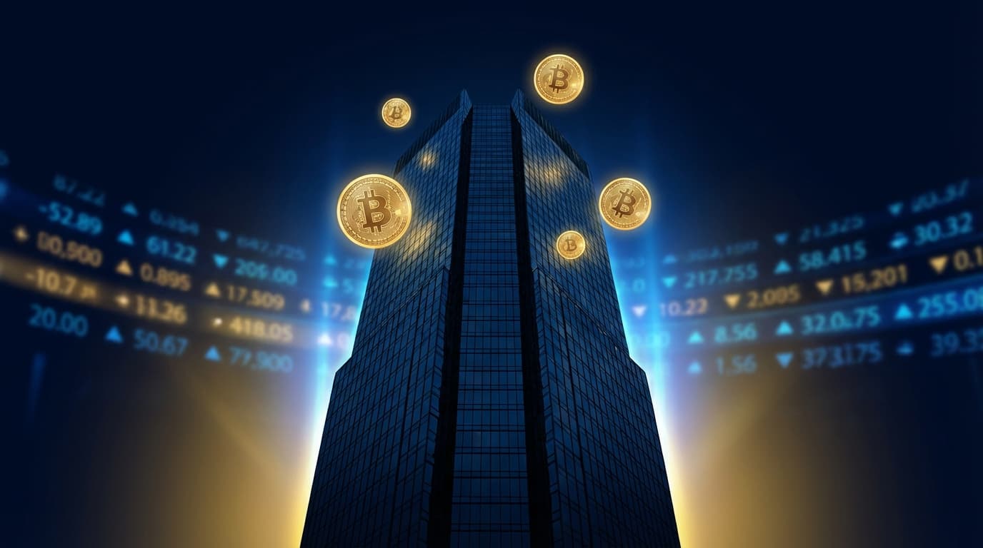 Morgan Stanley building with Bitcoin and NYSE symbols representing the MSBT ETF listing