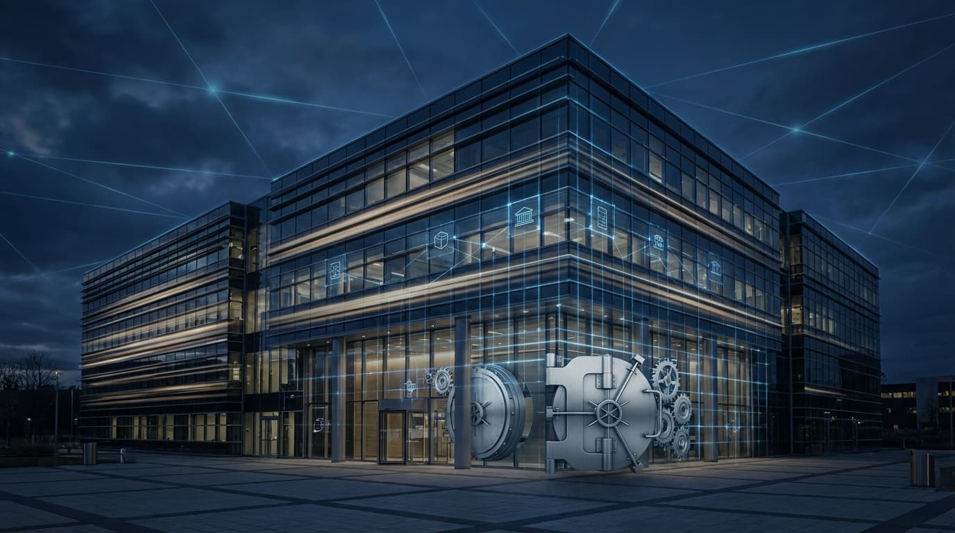 Abstract financial building with digital blockchain elements representing Morgan Stanley crypto custody
