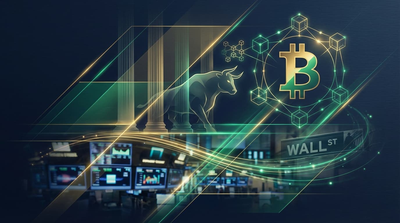 Abstract financial visualization showing institutional Bitcoin adoption with bank building silhouettes and digital currency symbols