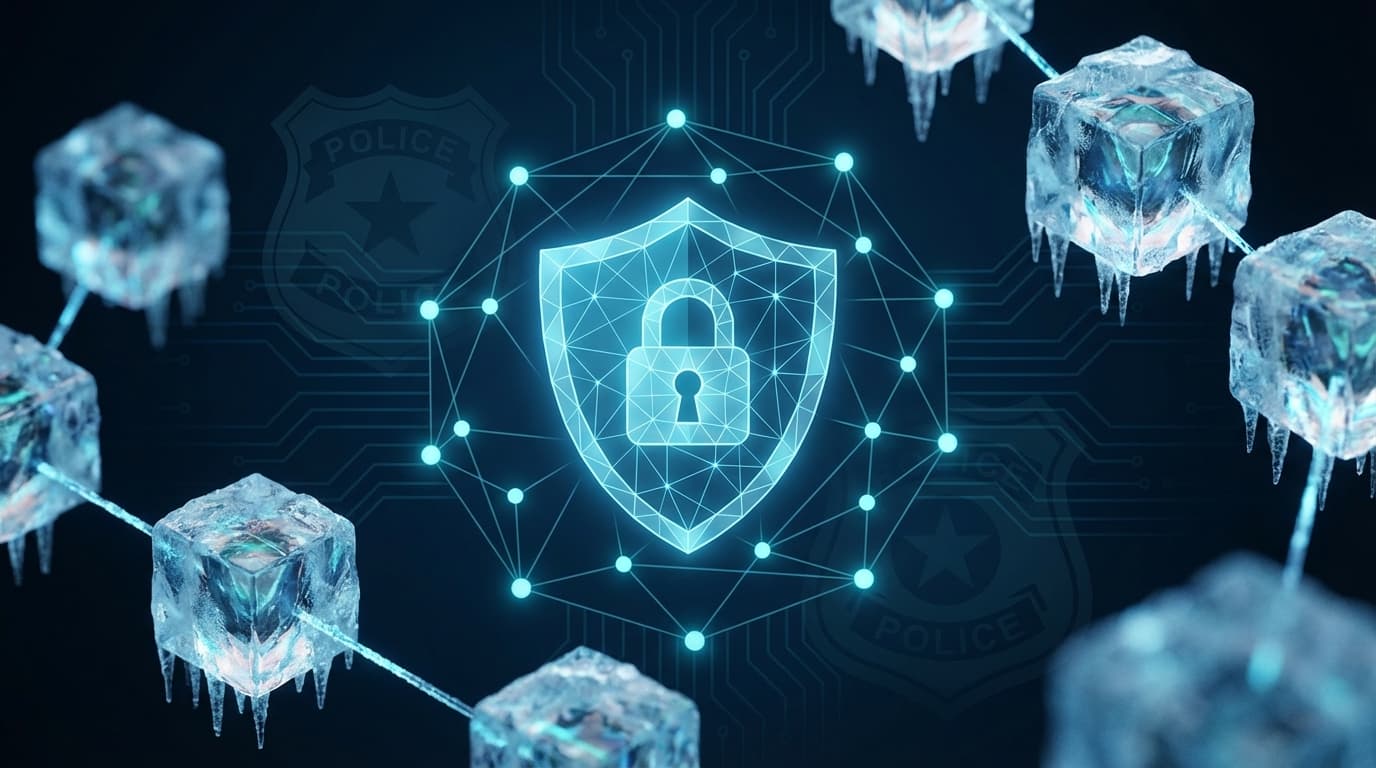 Abstract visualization of a global law enforcement operation targeting crypto fraud networks