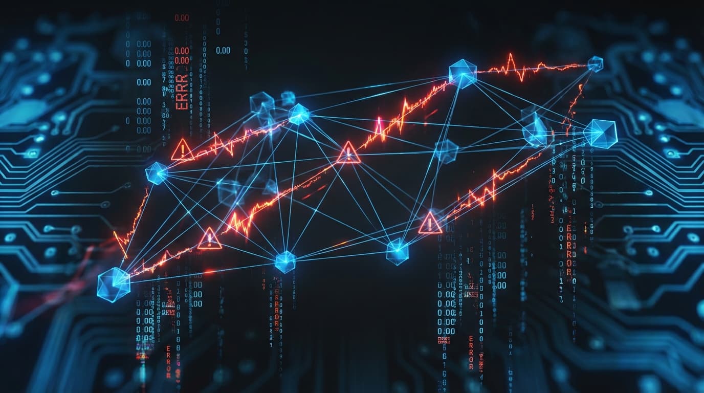 Abstract visualization of a blockchain exchange with error indicators and price data streams