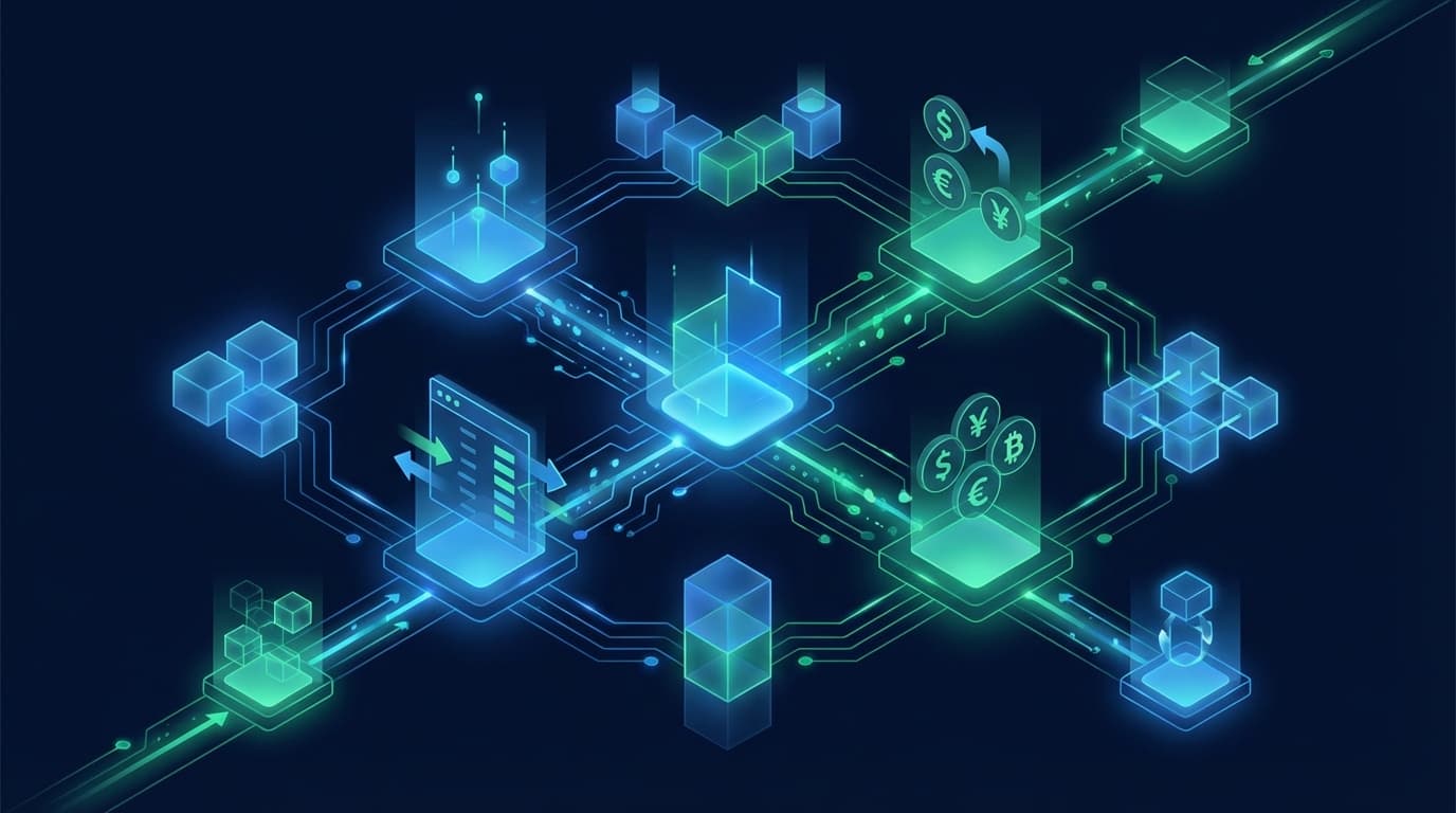 Abstract visualization of prediction market platform upgrade with interconnected nodes and digital currency flow on dark background