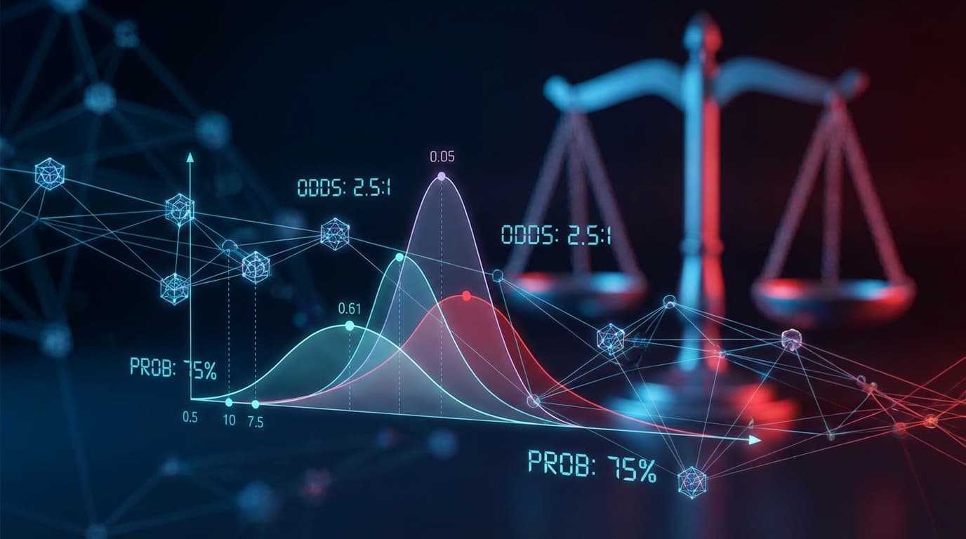 Prediction market regulation concept with scales of justice and blockchain data visualization