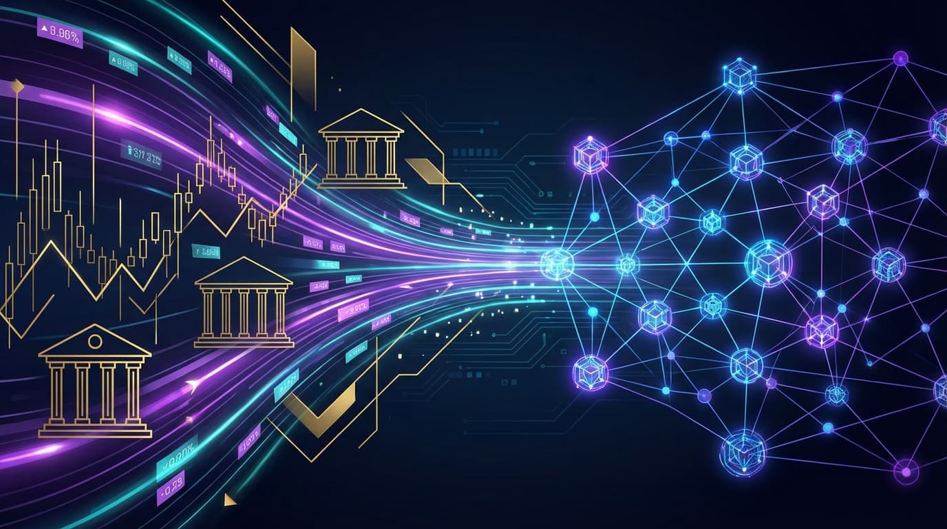 Abstract visualization of financial data flowing from traditional institutions to blockchain networks