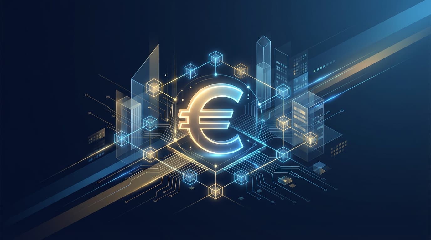 European banking consortium Qivalis euro stablecoin concept with EU flag and digital currency symbols
