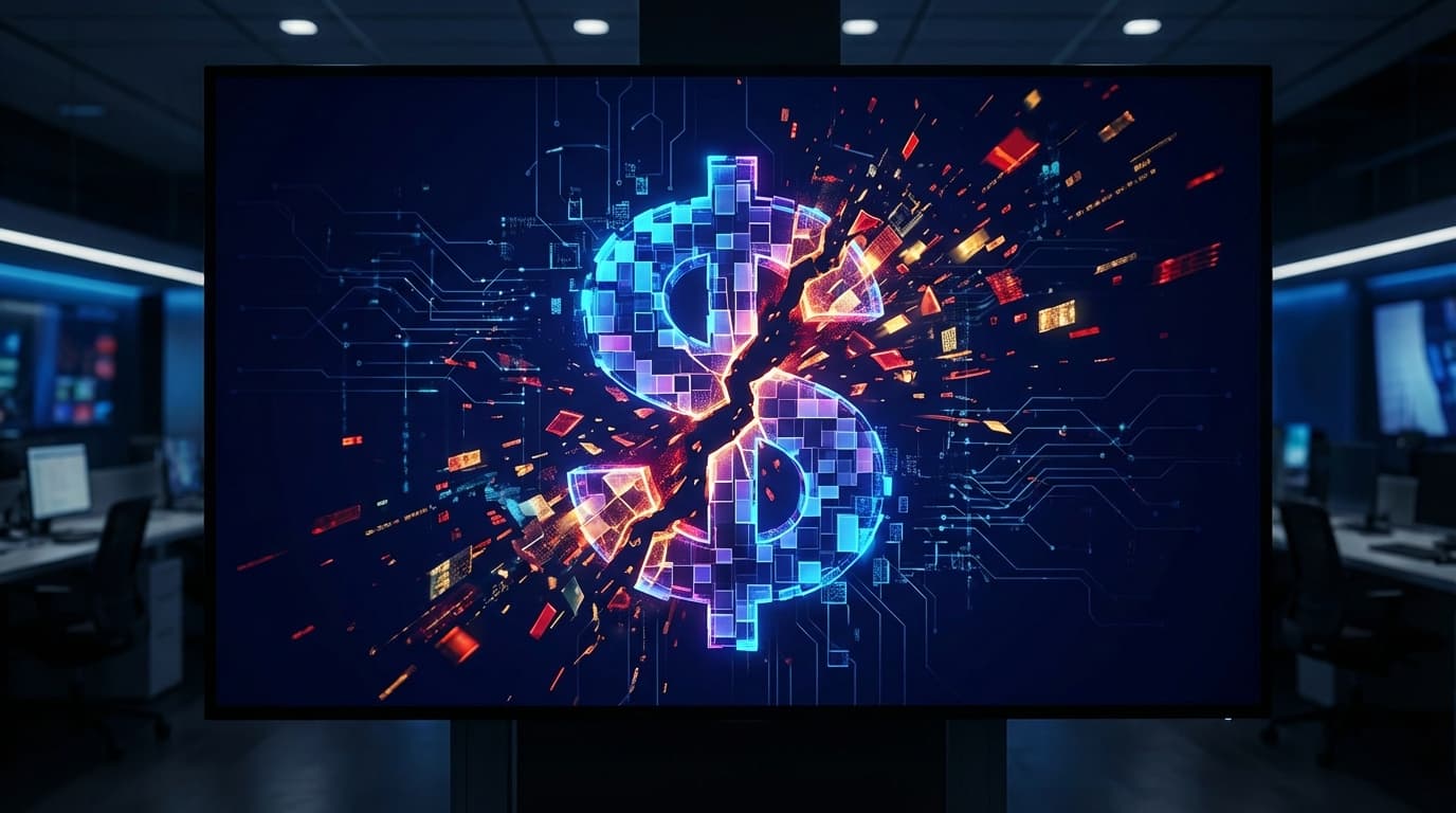 Abstract visualization of a broken stablecoin with shattered dollar peg, representing the Resolv USR exploit