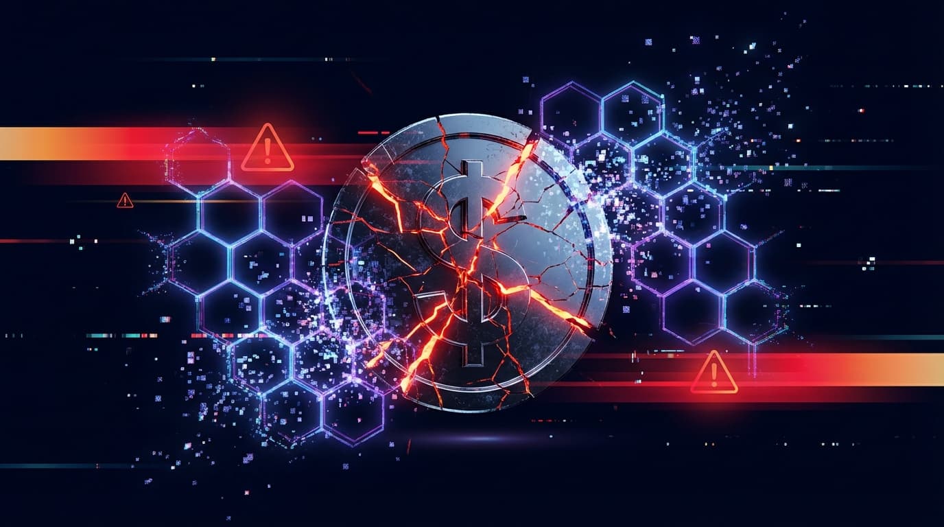 Broken stablecoin symbol with red warning indicators representing a DeFi security breach