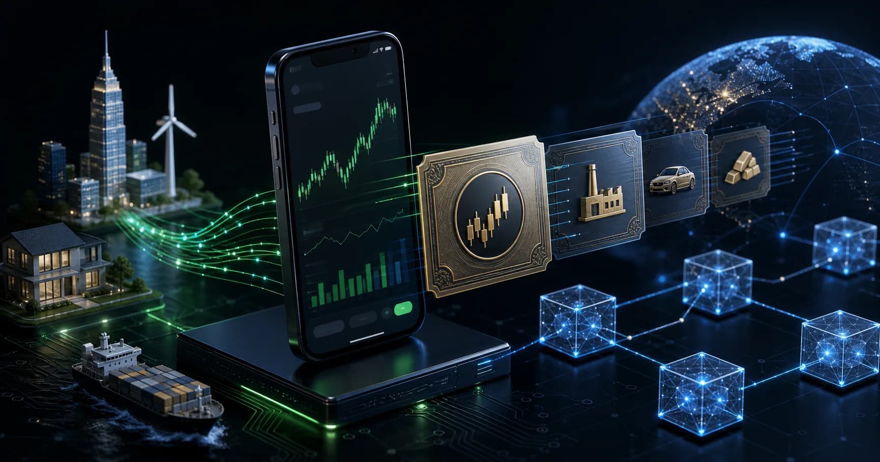 Mobile investing platform with tokenized stock certificates and blockchain nodes on a dark financial news background