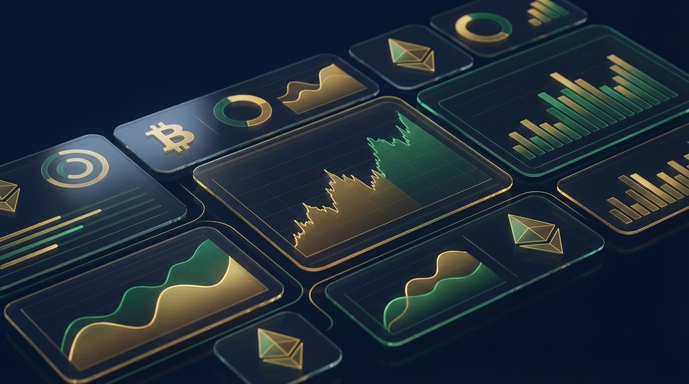 Abstract financial trading interface with Bitcoin and Ethereum symbols