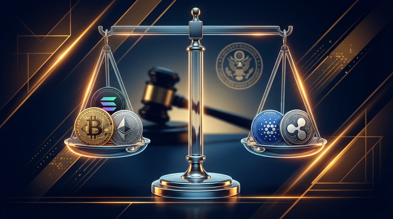 Scales of justice with cryptocurrency symbols representing the SEC and CFTC digital commodities classification