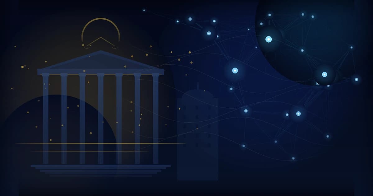 Abstract visualization of regulatory framework with blockchain network elements and compliance symbols