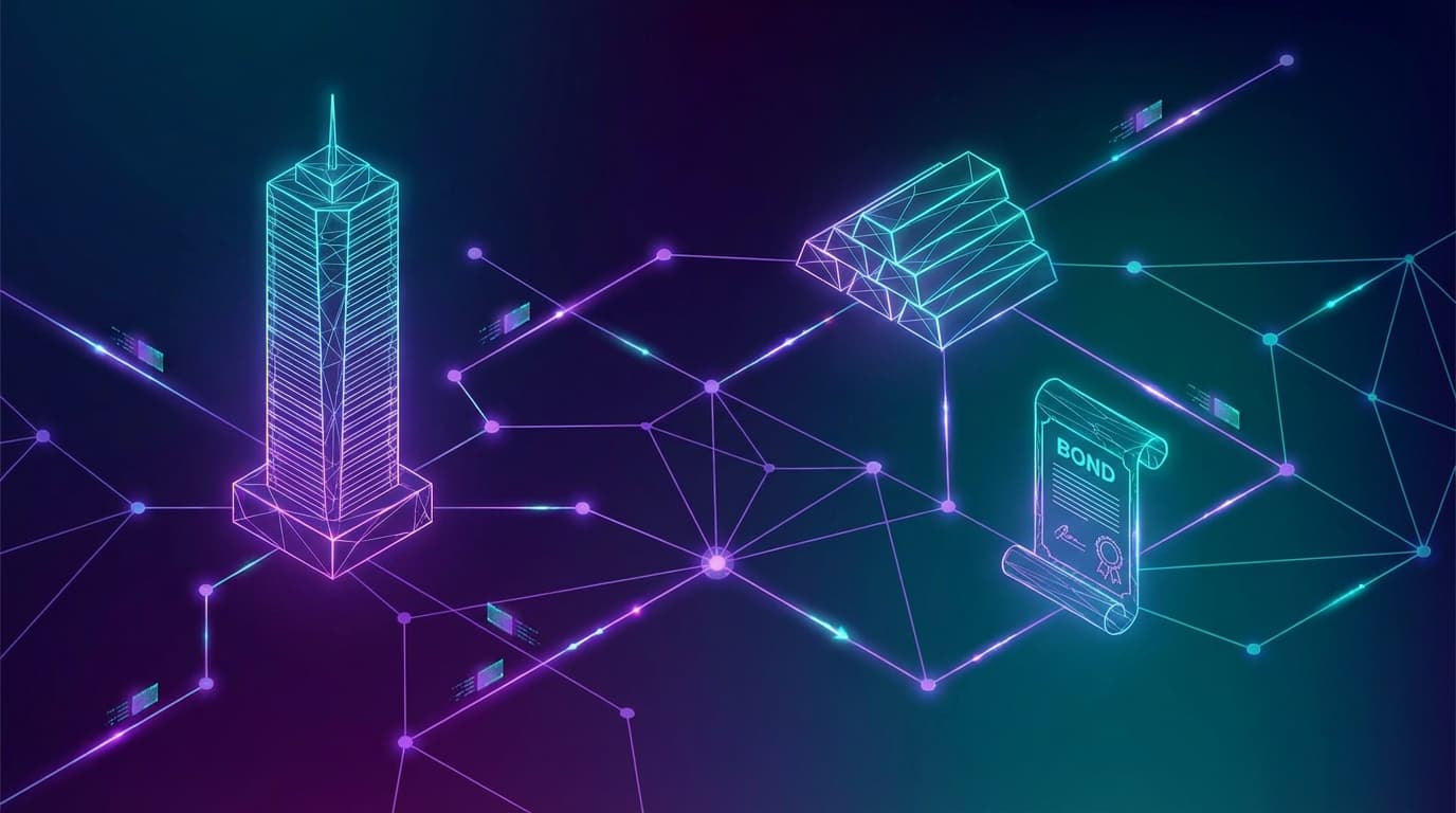 Abstract visualization of tokenized real-world assets flowing through the Solana blockchain network