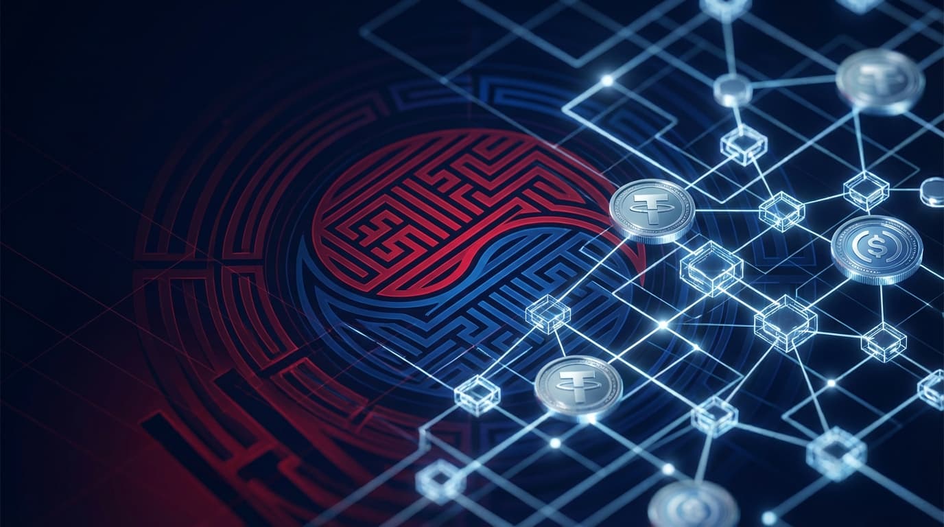 South Korean flag with digital cryptocurrency symbols representing stablecoin regulation