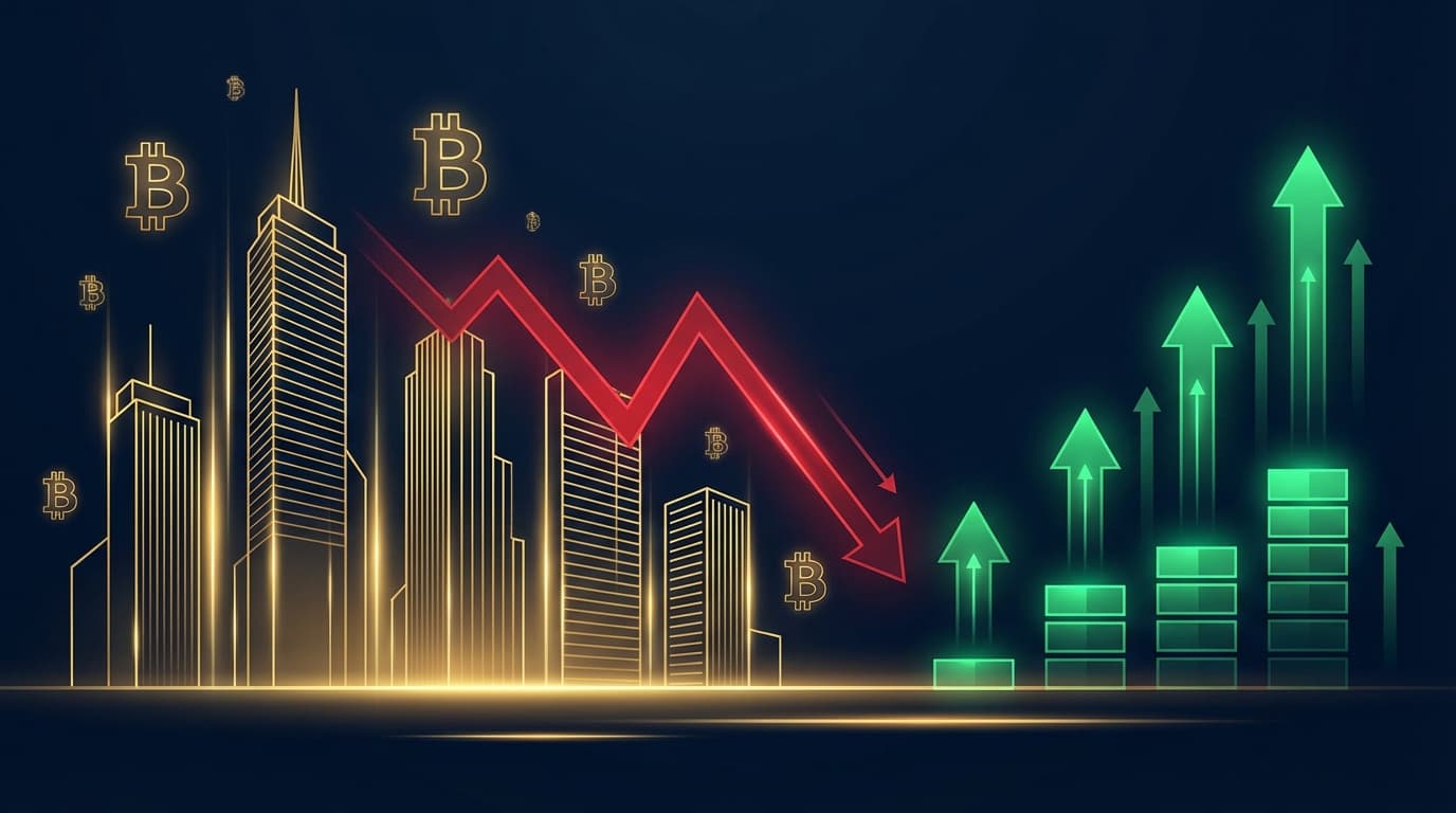 Abstract visualization of corporate Bitcoin holdings with declining chart and accumulation arrows