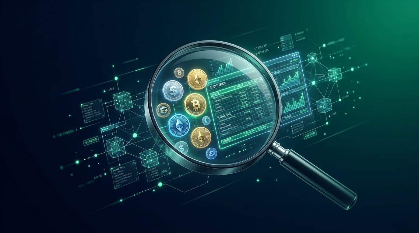 Abstract representation of a financial audit with digital stablecoin reserves