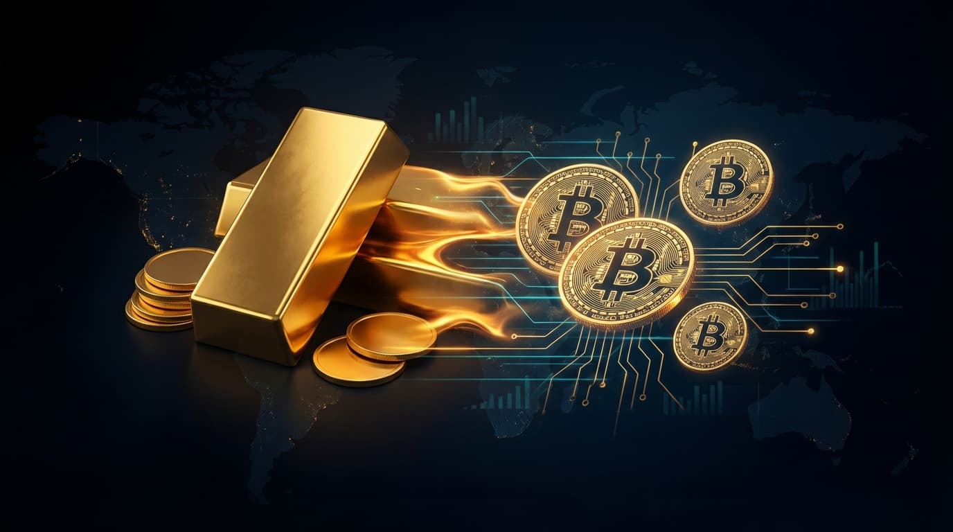 Gold bars and cryptocurrency tokens representing tokenized gold assets during geopolitical tensions