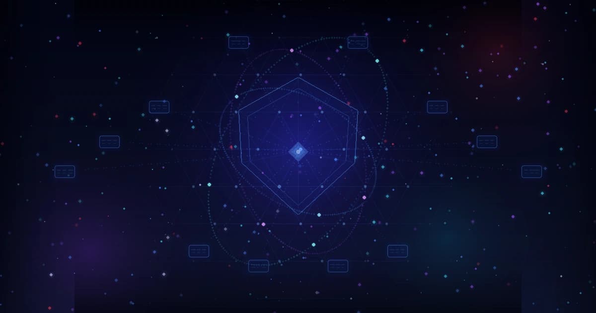 Abstract visualization of quantum-resistant cryptographic shield protecting a blockchain network