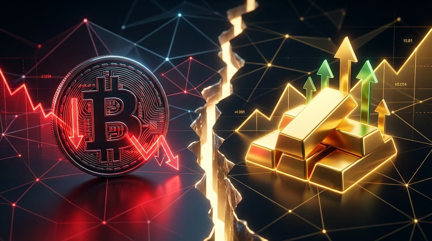 Bitcoin price chart declining against a backdrop of gold bars and tariff headlines