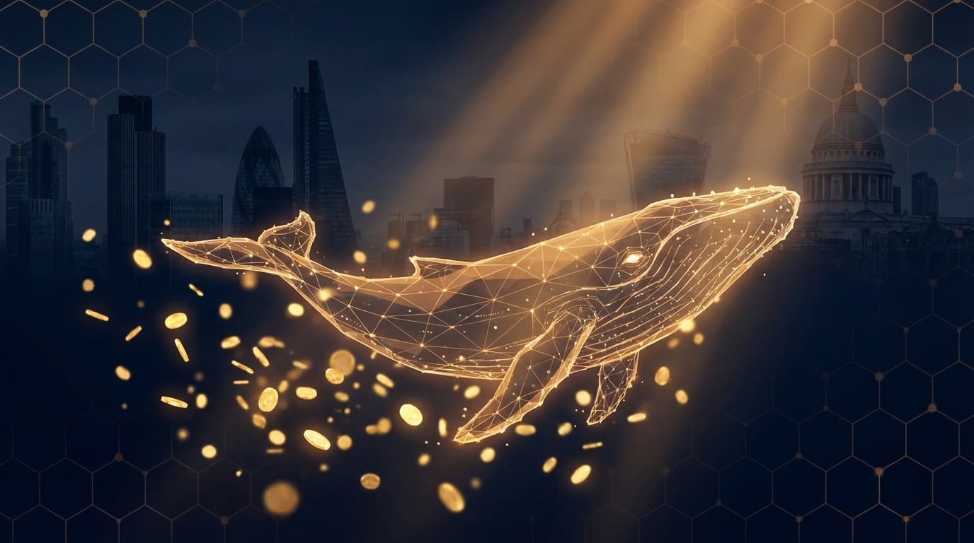 Abstract representation of cryptocurrency whale accumulation with political and blockchain elements