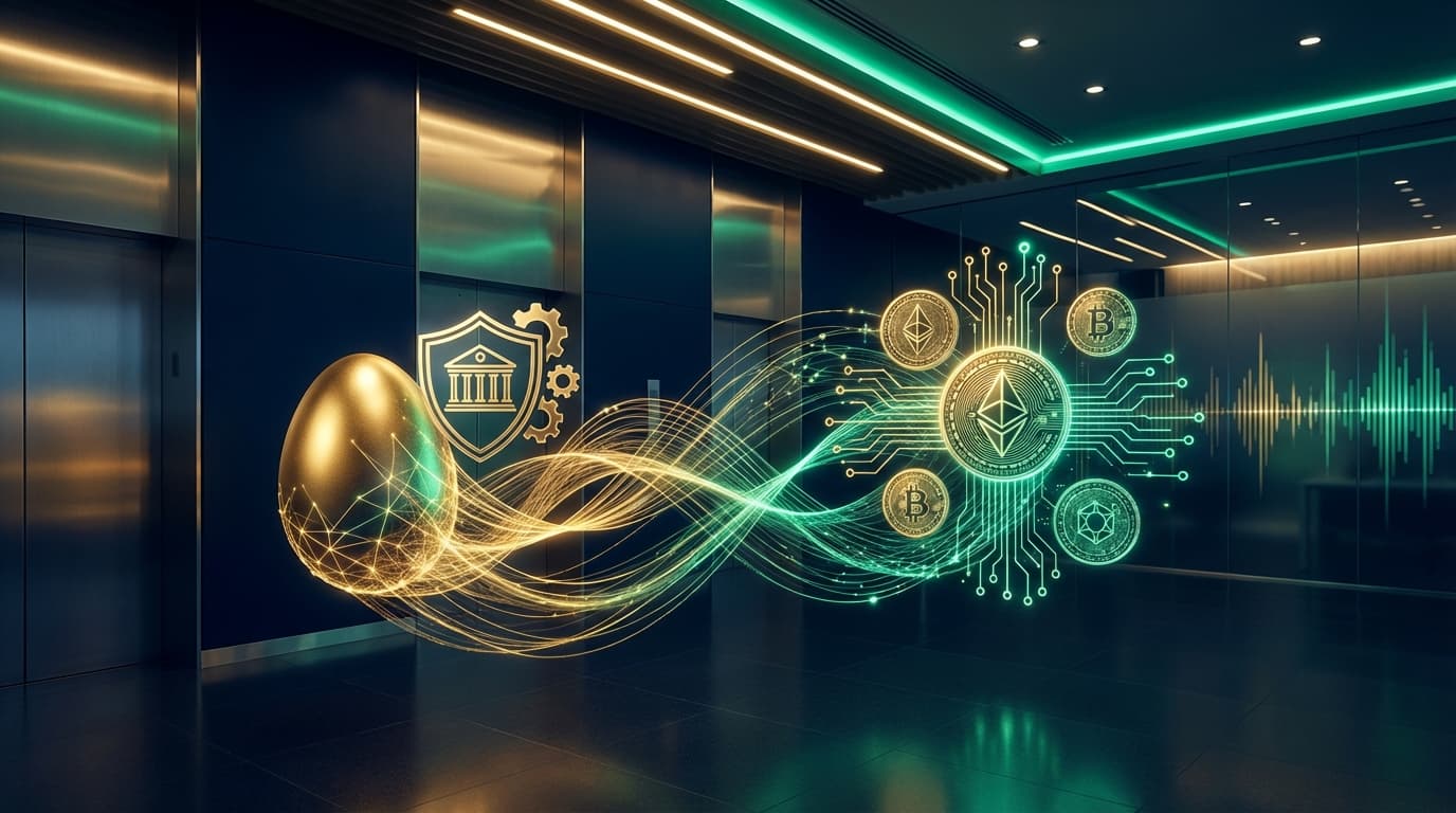 Abstract visualization of retirement savings flowing into digital assets with gold and blue tones