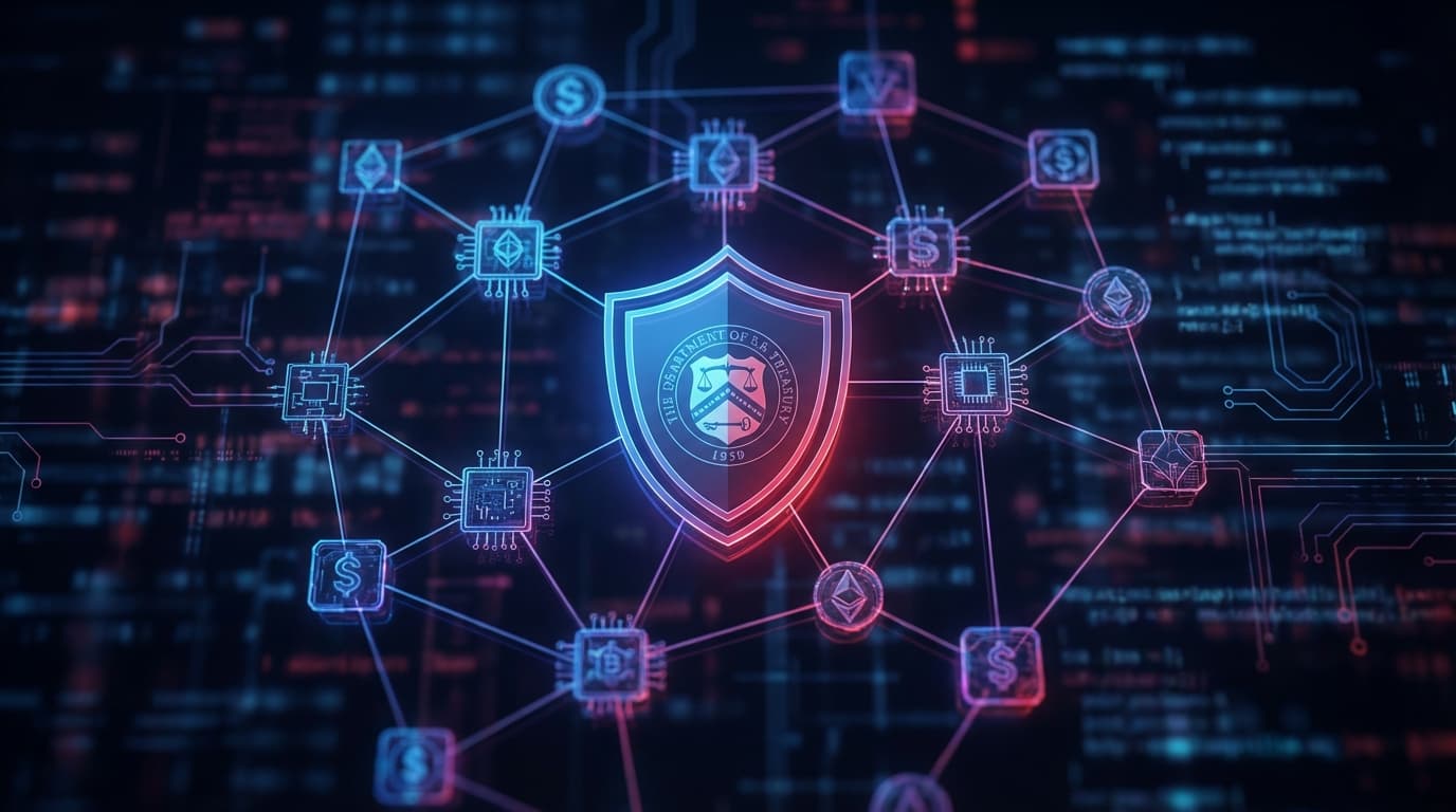 Digital illustration of cryptocurrency sanctions enforcement with blockchain network visualization