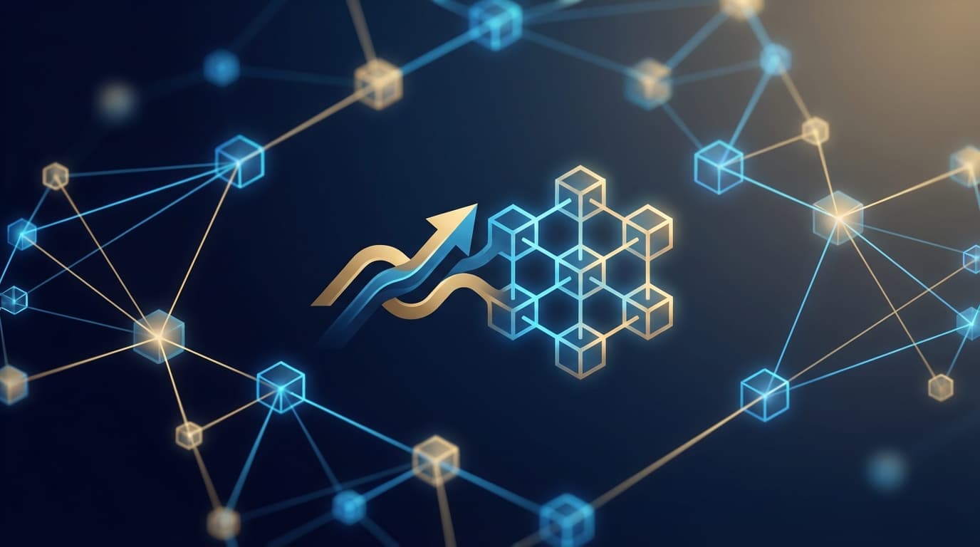 Abstract visualization of Visa connecting to blockchain network nodes representing institutional payment infrastructure