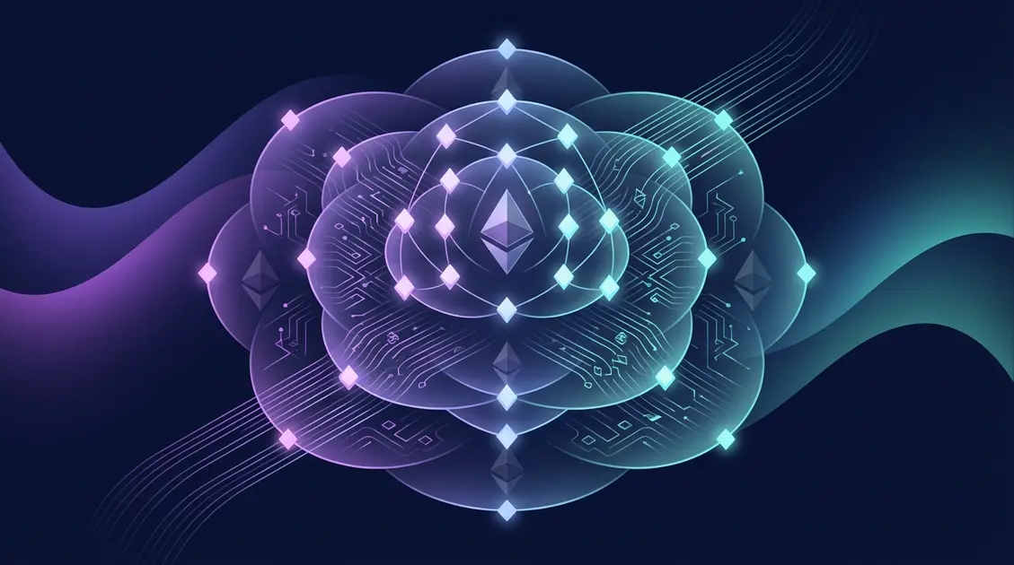 Abstract visualization of Ethereum network scaling with interconnected nodes and zero-knowledge proof elements