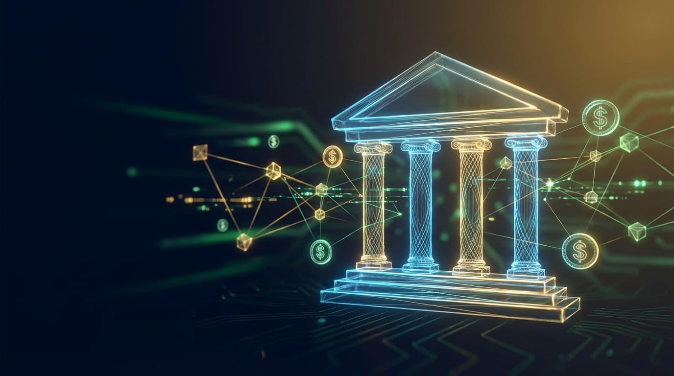 Wells Fargo building with digital blockchain and stablecoin elements overlay