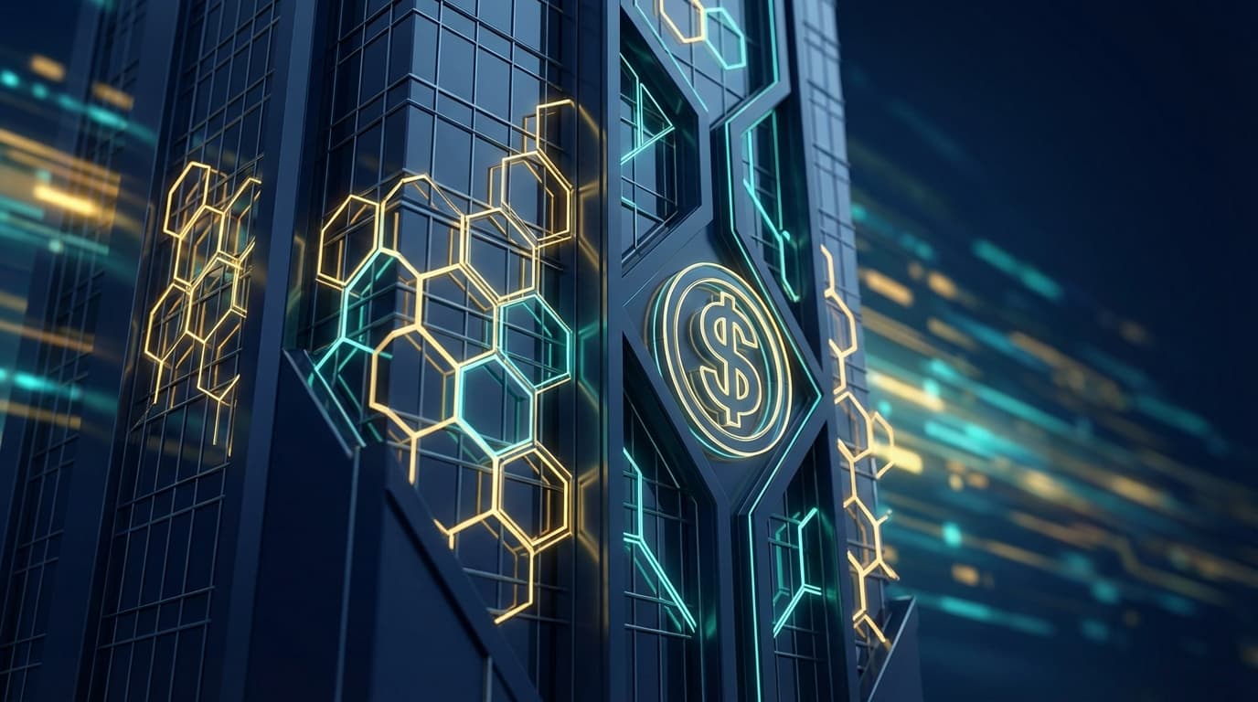 Wells Fargo building with digital blockchain network overlay representing WFUSD stablecoin trademark filing