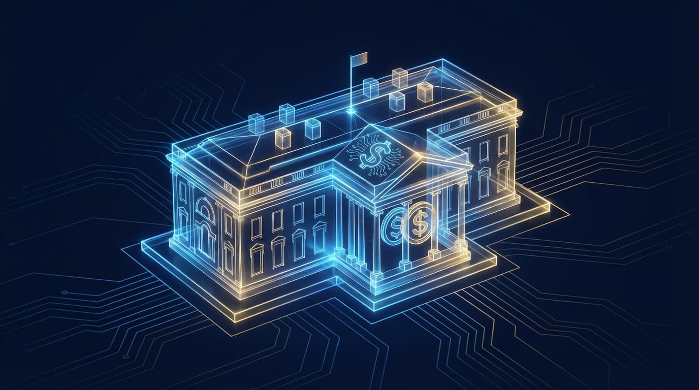 White House building with digital stablecoin symbols representing cryptocurrency regulatory meeting